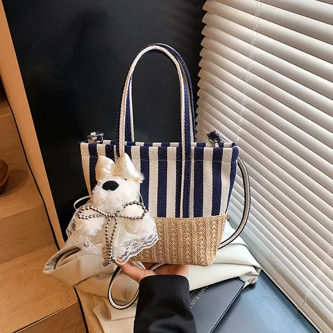 Striped Canvas Straw Splicing Bucket Bag For Women Summer Casual Woven Tote Handbag With Cute Plush Pendant Crossbody Shoulder Bag