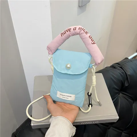 Γυναικεία Μίνι Καπιτονέ Τσάντα Crossbody για Κινητό Διακόσμηση με Μαργαριτάρι Μικρή Τσάντα Καμβά Ώμου Φορητή Τσάντα