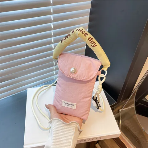 Γυναικεία Μίνι Καπιτονέ Τσάντα Crossbody για Κινητό Διακόσμηση με Μαργαριτάρι Μικρή Τσάντα Καμβά Ώμου Φορητή Τσάντα