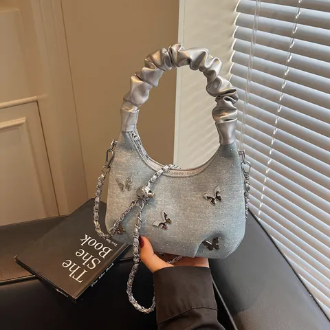 Sac à Main en Denim Papillon pour Femmes Y2K Sac à Épaule Avec Poignée Scrunchie Chaîne en Métal Argenté Paillettes Fashion Hobo Bag