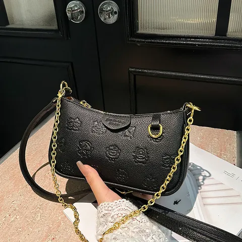 Fashion Women Underarm Bag PU Leather Cartoon Zodiac Embossed Square Shoulder Bag With Gold Chain Adjustable Strap Daily Bag