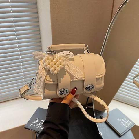 Elegante Borsa a Barile in Pelle PU da Donna Con Ciondolo a Cuore di Perle Fiocco in Pizzo Borsa a Tracolla Con Doppio Girello