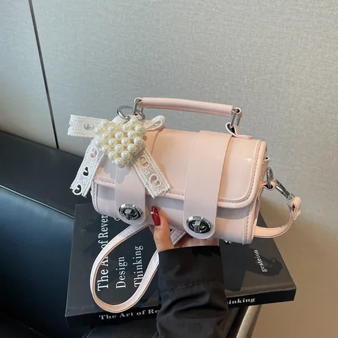 Elegante Borsa a Barile in Pelle PU da Donna Con Ciondolo a Cuore di Perle Fiocco in Pizzo Borsa a Tracolla Con Doppio Girello