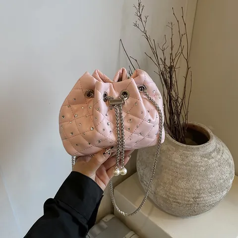 Bolso Bombonera Acolchado para Mujer Moda Strass Patrón de Rombos Bolso Bandolera Con Asa Redonda Cadena de Metal Perla Artificial Cordón