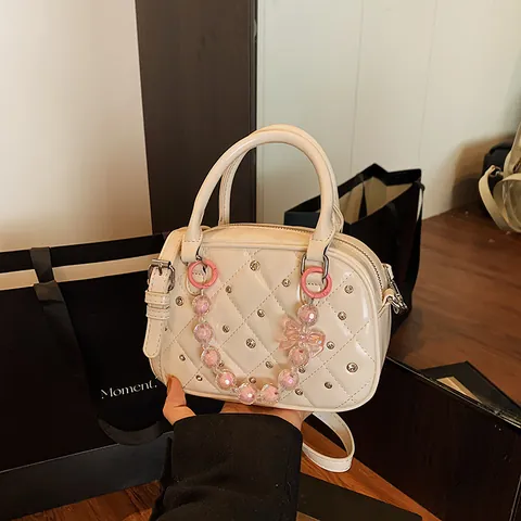 Fashion Women Quilted PU Leather Bowling Bag With Bead Chain Rhinestone Shoulder Crossbody Handbag For Daily Outing