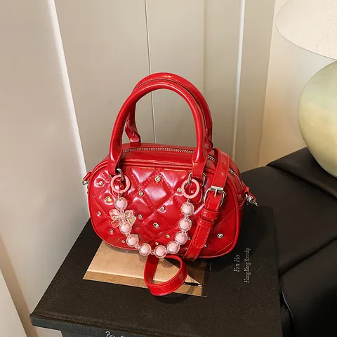 Fashion Women Quilted PU Leather Bowling Bag With Bead Chain Rhinestone Shoulder Crossbody Handbag For Daily Outing