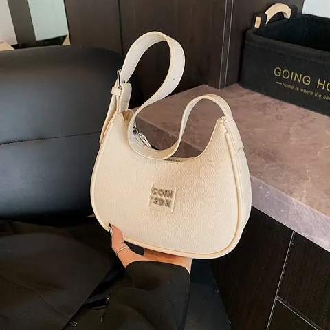 Bolso de Axila Minimalista de Cuero PU para Mujer Textura de Litchi Bolso de Hombro Media Luna Color Sólido Moda Coreana Cremallera
