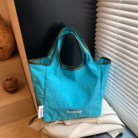 Women Large Capacity Nylon Tote Bag Minimalist Contrast Color Piping Shoulder Bag Casual Lightweight Shopper Bag For Daily Commuting
