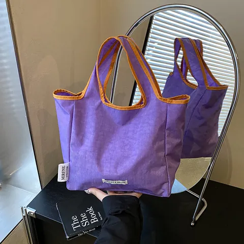 Women Large Capacity Nylon Tote Bag Minimalist Contrast Color Piping Shoulder Bag Casual Lightweight Shopper Bag For Daily Commuting