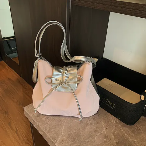 Borsa Tote Donna Grande Capacità Trama Legno PU Pelle Borsa a Spalla Con Fiocco Coulisse Pendolare Borsa Hobo