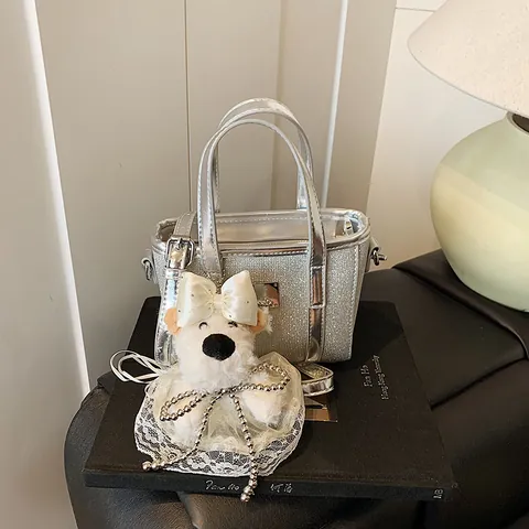Women Silver Sequin Tote Handbag Metallic Wave Pattern Crossbody Shoulder Bag With Plush Puppy Pendant Fashion Korean Style Bag