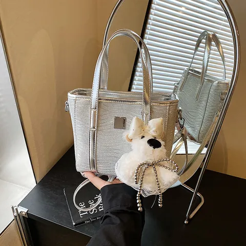 Women Silver Sequin Tote Handbag Metallic Wave Pattern Crossbody Shoulder Bag With Plush Puppy Pendant Fashion Korean Style Bag