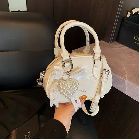Fashion Women Crinkled PU Leather Bowling Bag Sweet Pleated Shoulder Crossbody Bag With Pearl Heart Lace Charm Small Square
