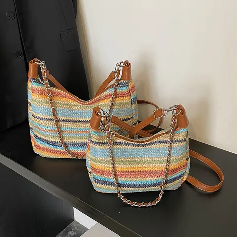 Borsa Tote in Paglia Intrecciata a Righe Arcobaleno Donna Con Finiture in Pelle PU Catena Tracolla Bohémien Estate Spiaggia