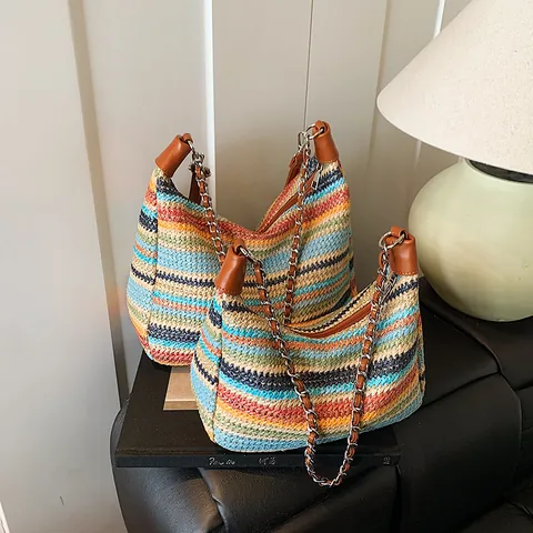 Borsa Tote in Paglia Intrecciata a Righe Arcobaleno Donna Con Finiture in Pelle PU Catena Tracolla Bohémien Estate Spiaggia