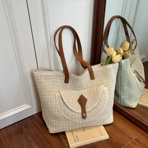 Borsa Tote in Paglia a Grande Capacità da Donna Borsa a Spalla Intrecciata Con Tasca Frontale Cinturino in Pelle Sintetica Borsa da Spiaggia Estiva