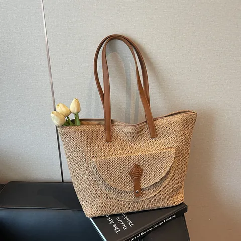 Borsa Tote in Paglia a Grande Capacità da Donna Borsa a Spalla Intrecciata Con Tasca Frontale Cinturino in Pelle Sintetica Borsa da Spiaggia Estiva