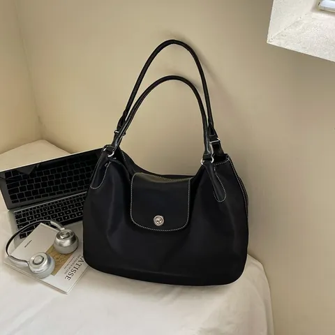Borsa Tote da Donna di Grande Capacità in Nylon Con Impunture a Contrasto Finiture in Pelle a Contrasto Borsa a Tracolla