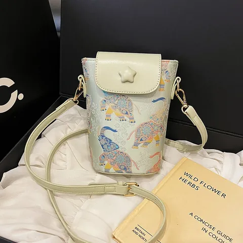 Damen Mode Mini Handytasche PU Leder Elefant Schmetterling Druck Schultertasche Mit Stern Schnalle Anhänger Alltag