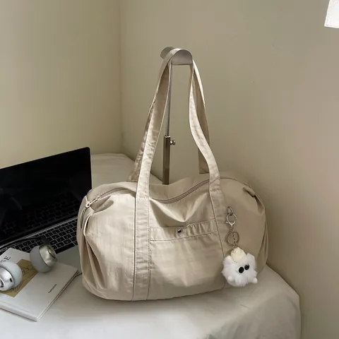 Large Capacity Waterproof Nylon Tote Bag For Women Minimalist Wrinkle Resistant Shoulder Handbag With Plush Monster Charm