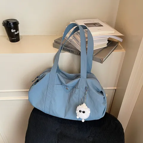 Large Capacity Waterproof Nylon Tote Bag For Women Minimalist Wrinkle Resistant Shoulder Handbag With Plush Monster Charm