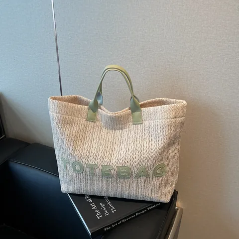 Dames Geweven Stro Tote Bag Grote Capaciteit Casual Strand Schoudertas Met Letter Patch Voor Zomervakantie Dagelijks Gebruik