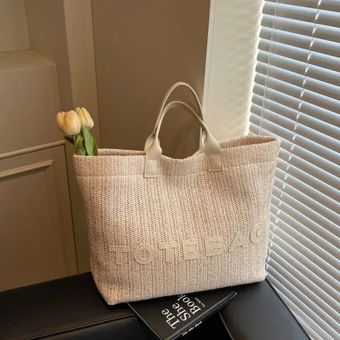 Dames Geweven Stro Tote Bag Grote Capaciteit Casual Strand Schoudertas Met Letter Patch Voor Zomervakantie Dagelijks Gebruik
