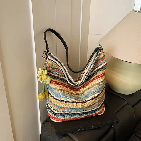 Damen Sommer Stroh Tragetasche Mehrfarbig Gestreift Strand Schultertasche Große Kapazität Handgefertigte Urlaub Reisen Hobo Tasche