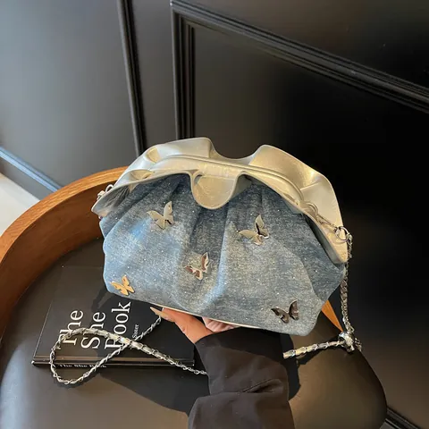 Borsa a Spalla Nuvola con Volant da Donna Decorazione Farfalla Denim PU Catena Borsa a Tracolla Secchiello Casual