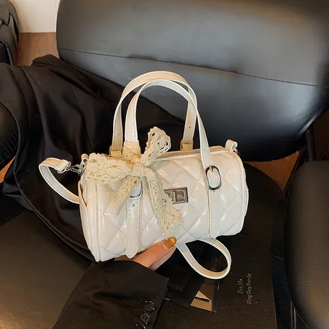Damen PU-Leder Rautensteppung Zylindertasche Mit Spitzenschleife Französischer Vintage Mode Umhängetasche Täglich Pendeln