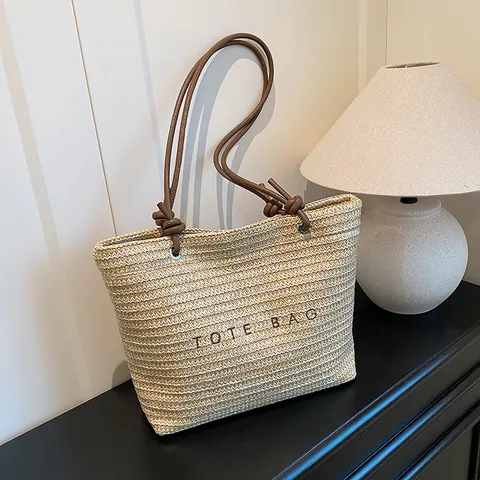 Borsa Tote in Paglia Intrecciata di Grande Capacità per Donna Estate Spiaggia Vacanza Borsa a Tracolla Casual Fatta a Mano con Stampa di Lettere