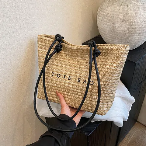 Borsa Tote in Paglia Intrecciata di Grande Capacità per Donna Estate Spiaggia Vacanza Borsa a Tracolla Casual Fatta a Mano con Stampa di Lettere