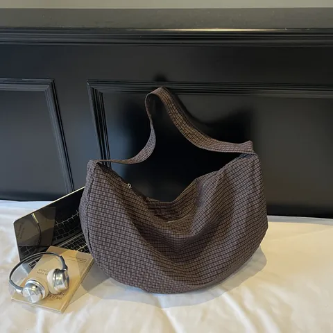 Borsa Hobo Minimalista da Donna di Grande Capacità in Nylon Tessuto a Spalla Tinta Unita Plaid Tote per Pendolare Viaggio Uso Quotidiano