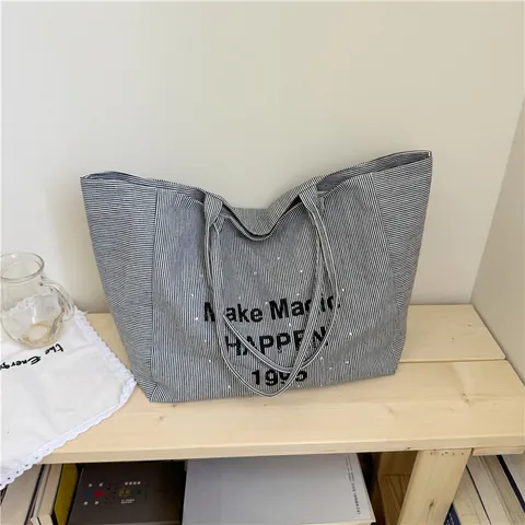 Borsa Tote in Tela alla Moda da Donna Grande Capacità Stampa di Lettere a Righe Borsa a Spalla Casual per il Pendolarismo Quotidiano