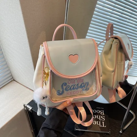 Kawaii Zaino Ita Bag con Ritaglio a Cuore in Pelle PU per Donna Zaino Scolastico a Contrasto di Colore con Pendente