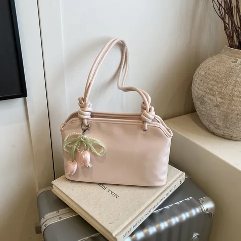 Borsa a Secchiello in Pelle PU Moda Donna Con Tracolla a Nodo Charm Tulipano Perla Argento Metallizzato Rosa Nero Tote Bag