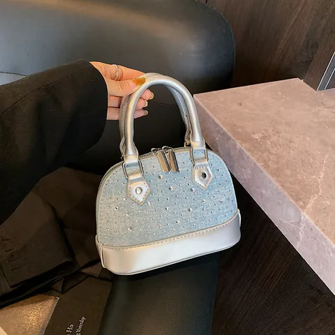 Mini Sac Coquille Luxueux en Strass Femme Tissu Denim Sac à Main en Cuir PU Étincelant Sac Bandoulière Sangle Réglable Argent Bleu