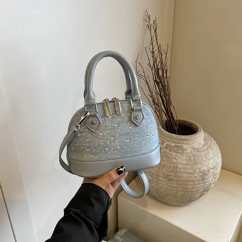Mini Sac Coquille Luxueux en Strass Femme Tissu Denim Sac à Main en Cuir PU Étincelant Sac Bandoulière Sangle Réglable Argent Bleu