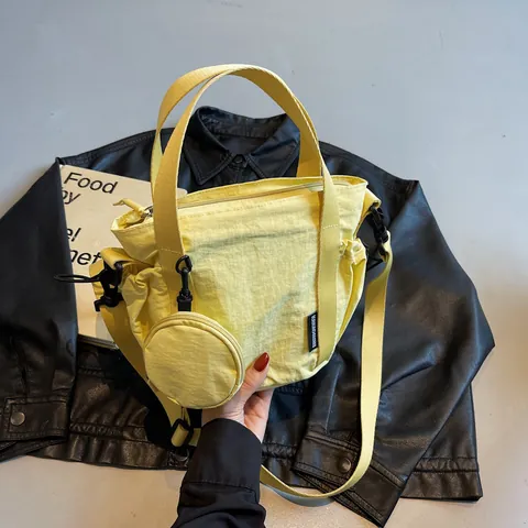 Bolso Bandolera Casual de Nailon para Mujer Estilo Japonés Mini Bolso Tote Con Pochette Redonda Cordón Color Sólido