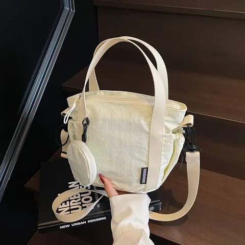 Bolso Bandolera Casual de Nailon para Mujer Estilo Japonés Mini Bolso Tote Con Pochette Redonda Cordón Color Sólido