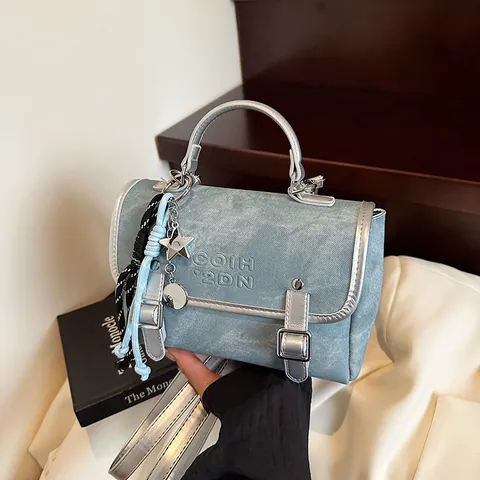 Women Korean Style Denim Backpack Crossbody Bag With Star Charm Washed Fabric Contrast PU Leather Trim Preppy Small Handbag