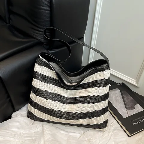Damen Gestreift Stroh Gewebt Tragetasche Große Kapazität Casual Urlaub Schultertasche Mit Schwarzem Riemen Reise Handtasche