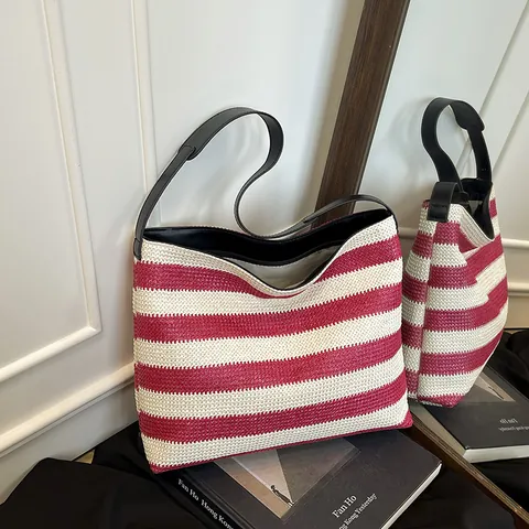 Damen Gestreift Stroh Gewebt Tragetasche Große Kapazität Casual Urlaub Schultertasche Mit Schwarzem Riemen Reise Handtasche