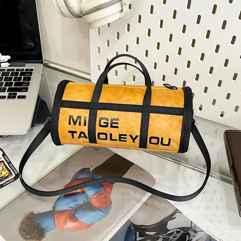 Women Casual Cylindrical Shoulder Bag Kraft Paper Large Capacity Crossbody Bag With Letter Print Street Fashion Handbag