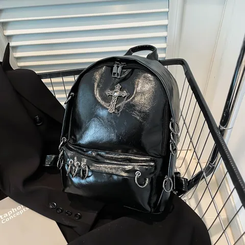 Gothic Punk PU Leather Backpack For Women Large Capacity Cross Metal Ring Decor Streetwear Casual Travel Bag For Daily