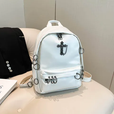 Gothic Punk PU Leather Backpack For Women Large Capacity Cross Metal Ring Decor Streetwear Casual Travel Bag For Daily