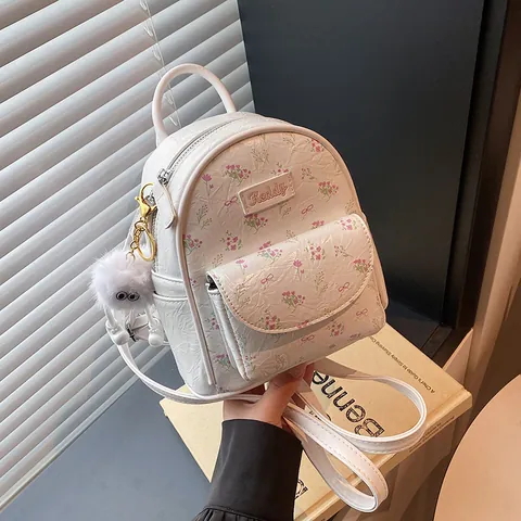Women's Mini PU Leather Backpack Floral Bow Print Japanese Sweet Style Fashion Shoulder Bag With Plush Monster Pendant