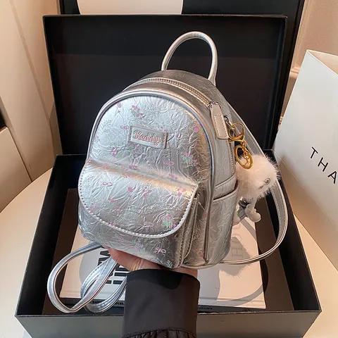 Women's Mini PU Leather Backpack Floral Bow Print Japanese Sweet Style Fashion Shoulder Bag With Plush Monster Pendant