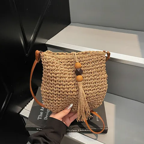 Women Hand Woven Straw Crossbody Bag With Tassel Wood Bead Summer Beach Vacation Shoulder Bag Lightweight Zipper Purse