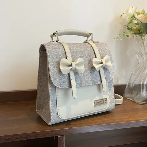 Mochila Vintage de Mezclilla y Cuero PU para Mujer Patchwork Lazo Dulce Color de Contraste Bolso de Hombro Pequeño Estilo Preppy Casual